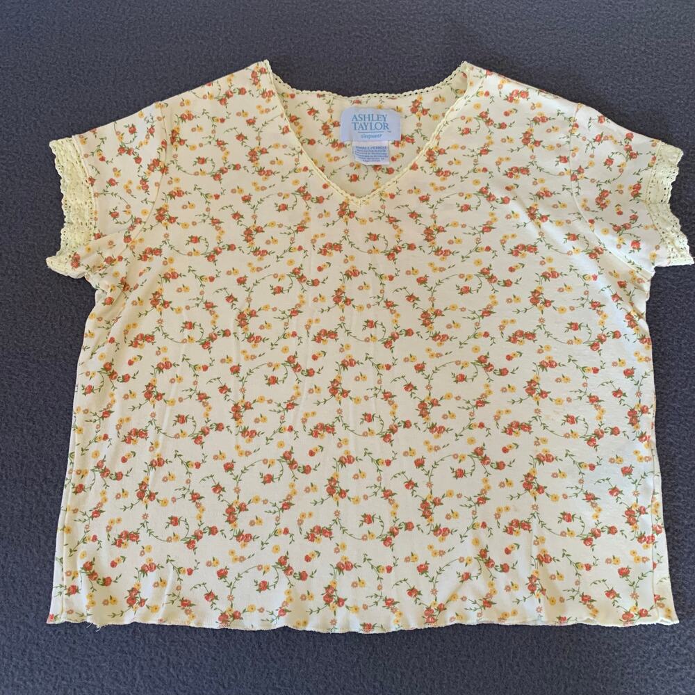 Vintage Ashley Taylor Sleepwear Floral PJ Top Short Sleeve Tee Yellow Small Y2K